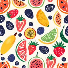 A colorful fruit pattern with a variety of summer fruits on a white background
