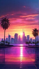 A colorful sunset illuminates a city skyline, casting a warm glow on the buildings and reflecting on a wet, tiled surface. Tall palm trees frame the scene in the foreground