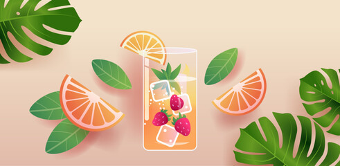 Tropical drink with ice cubes strawberries orange slices and green leaves on beige background