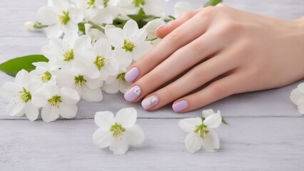 Fototapeta premium A female hand with purple nails holding white flowers