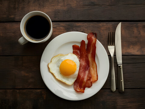 Desayuno con caf&eacute;, tocino y huevo frito