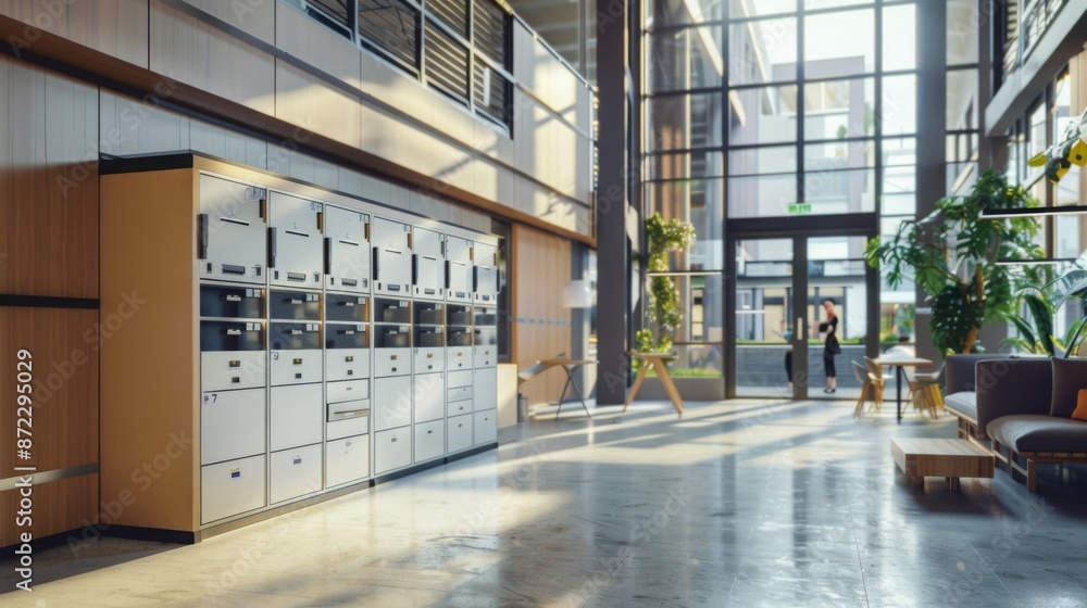 Poster A modern office lobby with a row of lockers against a wall. Natural light streams in through large windows, illuminating the space.