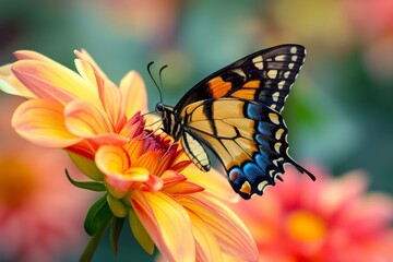 Naklejka premium a butterfly sitting on a flower with a blurry background, close-up, high-resolution image of a butterfly resting on a vibrant flower