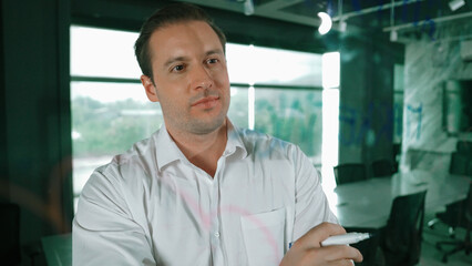 Smart businessman thinking about start up project in front of glass board. Smiling male project...