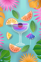 Obraz premium Tropical cocktail glass with fruit slices leaves and umbrella on blue background summer beach party theme