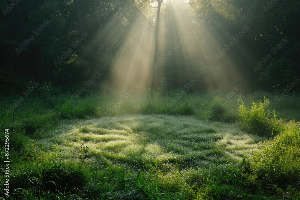 Aufkleber a field with grass and trees in the background, mystical fairy circle in a dew-kissed meadow at dawn