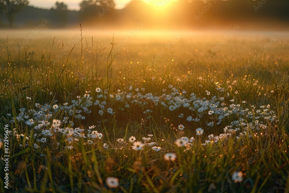 Aufkleber a field with grass and trees in the background, mystical fairy circle in a dew-kissed meadow at dawn