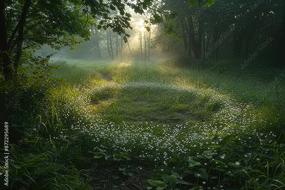 Aufkleber a field with grass and trees in the background, mystical fairy circle in a dew-kissed meadow at dawn