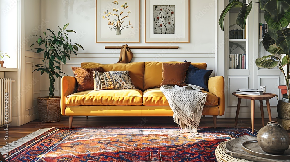 Wall mural a touch of ochre brightens a bohemian living room, with eclectic textiles adding flair.