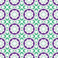 Seamless geometric pattern with colorful shapes in green, purple, and white