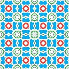 Seamless geometric pattern with colorful shapes in blue, red, and green