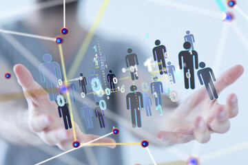 holding 3D rendering group of blue people