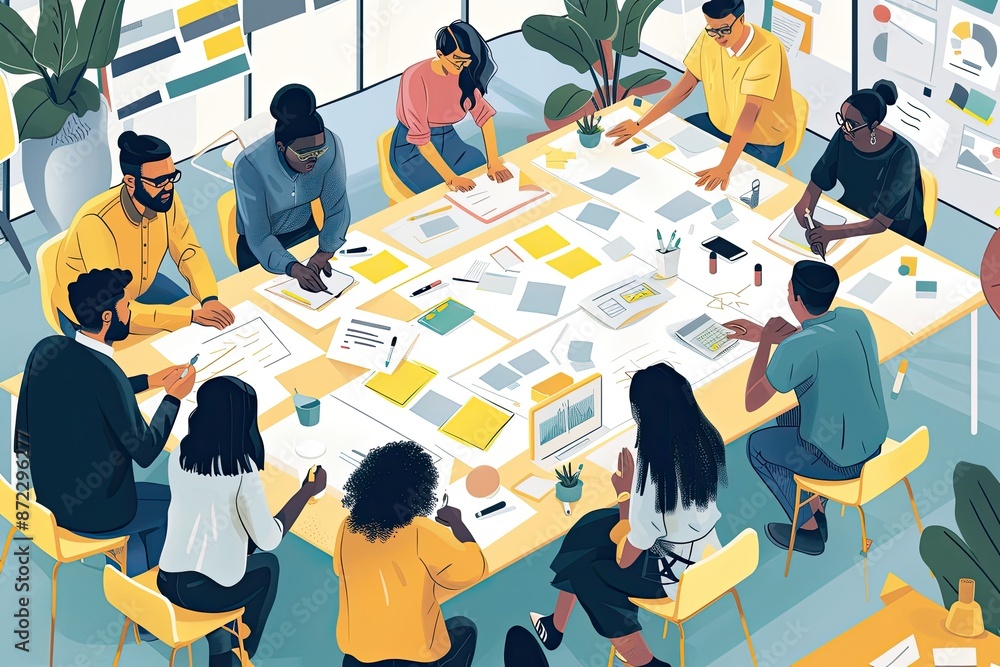Aufkleber people sitting at a table with laptops and a light bulb above them, powerful illustration of a diverse team brainstorming and innovating together