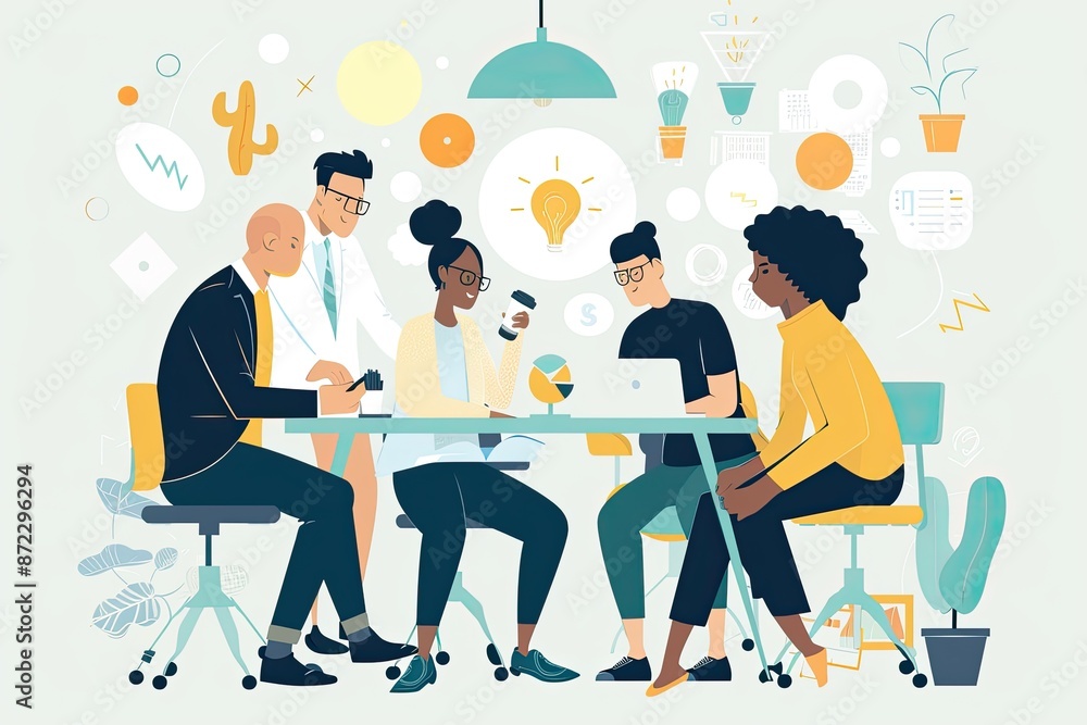Poster people sitting at a table with laptops and a light bulb above them, powerful illustration of a diver