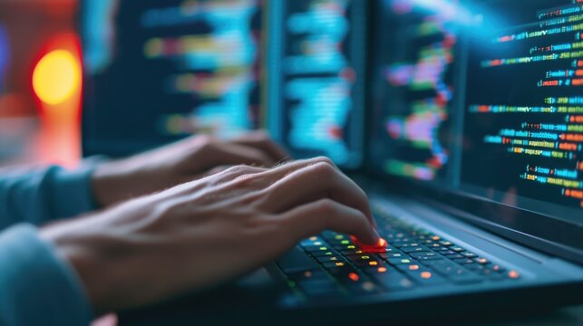 Close-up of a programmer's hands typing on a backlit keyboard, with lines of code displayed across multiple computer screens. AIG41