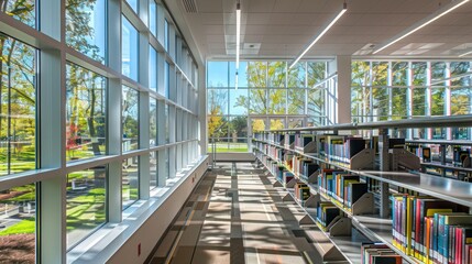 public library with wall-to-wall energy-efficient windows that create a bright and welcoming space for readers, maintaining a comfortable temperature year-round