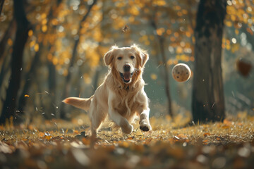 Golden Retriever plays with a ball.A beautiful dog walks in a clearing. puppy runs in the park.A trained dog performs tricks.A joyful dog in the forest