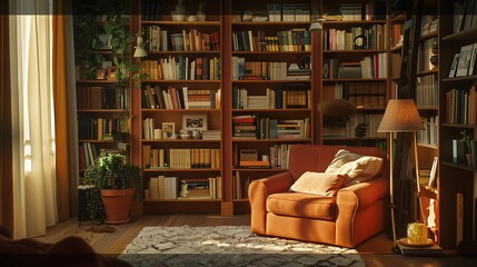 A touch of terracotta warms up a cozy reading nook, with shelves of books inviting exploration.