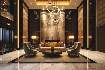 a large lobby with a lot of furniture, sophisticated hotel lobby interior with luxurious furnishings