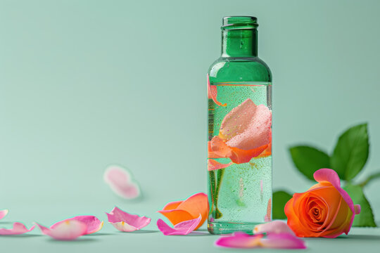 decorative jade bottle of rose elixir serum surrounded by rose petals on a serene green backdrop