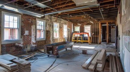 Fototapeta premium This photo shows the interior of a brick building under renovation. The interior is currently a bare, open space with exposed brick walls and a wooden ceiling. 