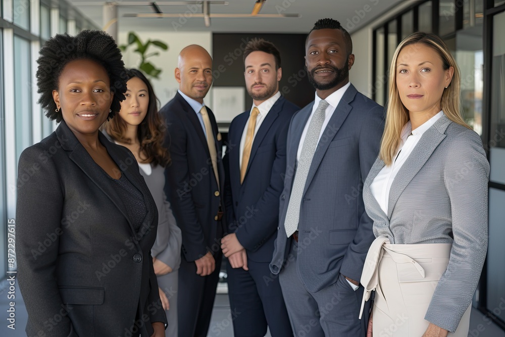 Poster a group of business people standing in a hallway, create portraits of a group of diverse business pr