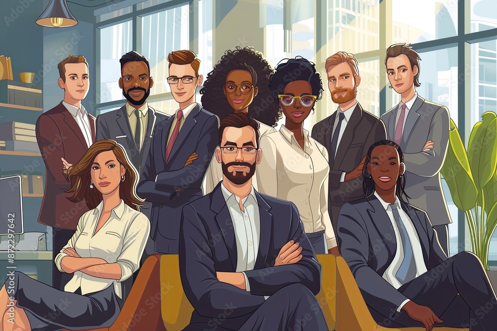 Poster a group of business people standing in a hallway, create portraits of a group of diverse business pr