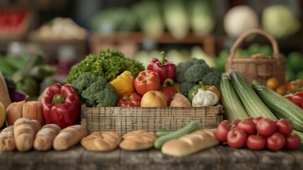 A vibrant farmers market scene showcasing colorful fresh produce, artisan breads, and local delicacies on rustic wooden tables, captured in photorealistic detail
