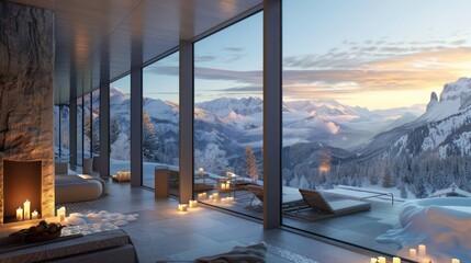 Fototapeta premium luxury spa retreat with walls made entirely of energy-efficient windows, offering panoramic views of snowy mountains while keeping the warmth inside