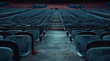 Naklejka premium An empty sports stadium, with rows of seats and a silent field