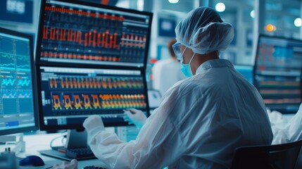 Advanced gene editing laboratory with futuristic equipment, scientists working on DNA sequencing, vibrant holographic displays, focus cover all object, deep dept of field