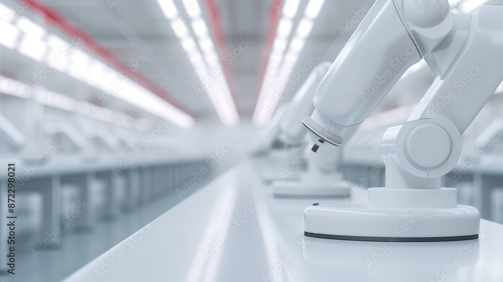 Poster an assembly line with advanced robots, innovative machinery, and high-tech implements producing futu