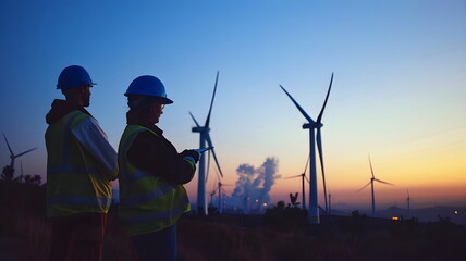 Engineers Evaluating Wind Turbines Dusk Industrial Renewable Energy