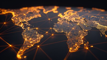 An intricate network of international trade routes on a world map, highlighting major shipping lanes, air routes, and trade hubs