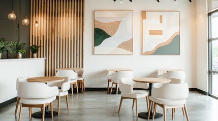 Artistic coffee shop interior, eclectic furniture, cozy atmosphere, vibrant wall art, open space layout, natural lighting, warm tones