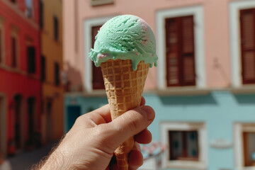 Hand Holding a Cone of Mint Gelato Against Colorful Buildings