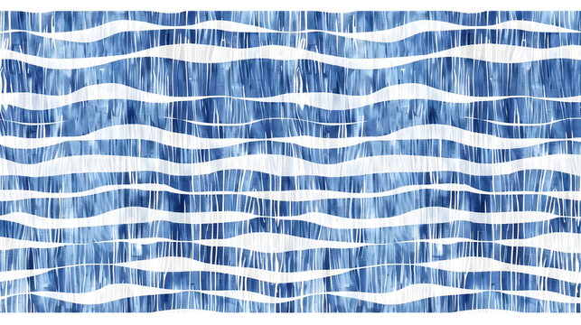 Indigo ikat dye stripe marled seamless border. Asian style wavy distort weave print banner in modern blue white.
