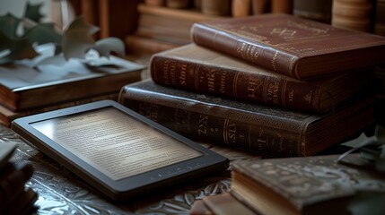 An e-reader displaying the first page of a new novel, surrounded by a few traditional books