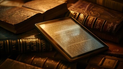 An e-reader displaying the first page of a new novel, surrounded by a few traditional books