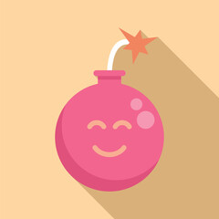 Cartoon style drawing of a pink bomb with a lit fuse smiling on a yellow background