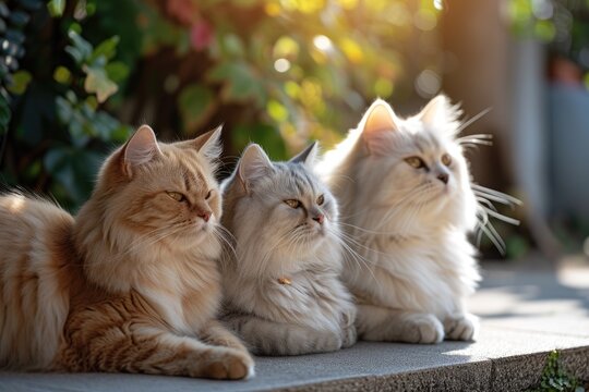 a group of cats sitting on a ledge, Fluffy Persian cats enjoying the sun