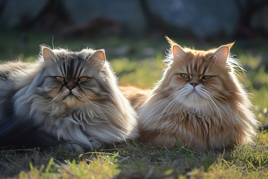 a group of cats sitting on a ledge, Fluffy Persian cats enjoying the sun