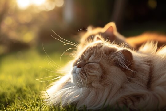 a group of cats sitting on a ledge, Fluffy Persian cats enjoying the sun