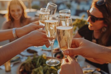 a group of people toasting with wine glasses, Friends toasting with champagne glasses at a gourmet rooftop brunch