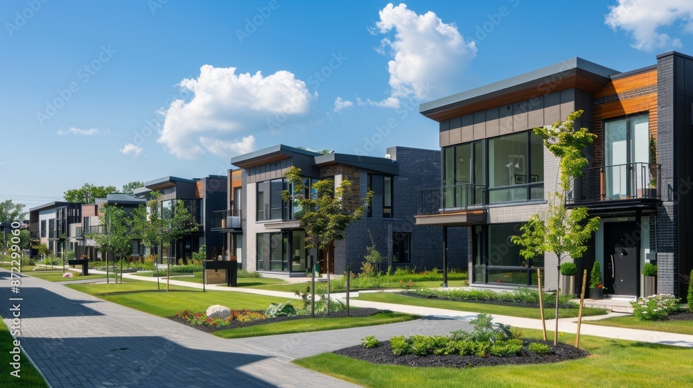 Poster this image shows a row of modern townhouses in a suburban neighborhood. the houses are all built in 