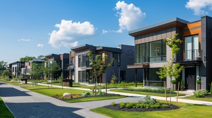 Obraz premium This image shows a row of modern townhouses in a suburban neighborhood. The houses are all built in a similar style, with gray siding and large windows. 