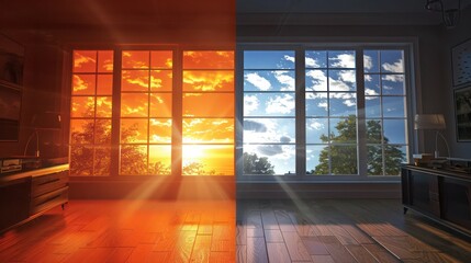Visualization of a window technology comparison, with side-by-side images of standard vs energy-efficient windows during a heat wave, illustrating temperature control effectiveness