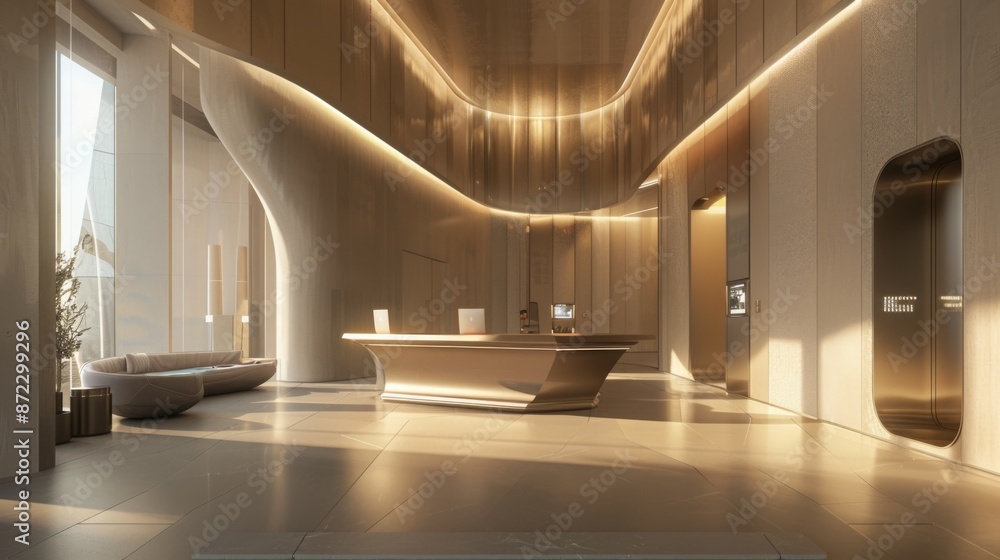 Poster a spacious modern lobby with a large reception desk, curved walls, and a large window overlooking th