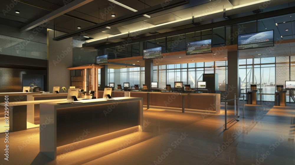 Poster a modern lobby with a sleek, minimalist design features a reception desk and several workstations. l