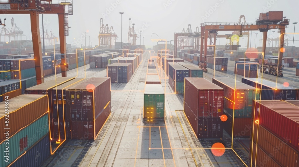 Aufkleber a high-angle view of a busy cargo port, showcasing rows of stacked shipping containers, with cranes 
